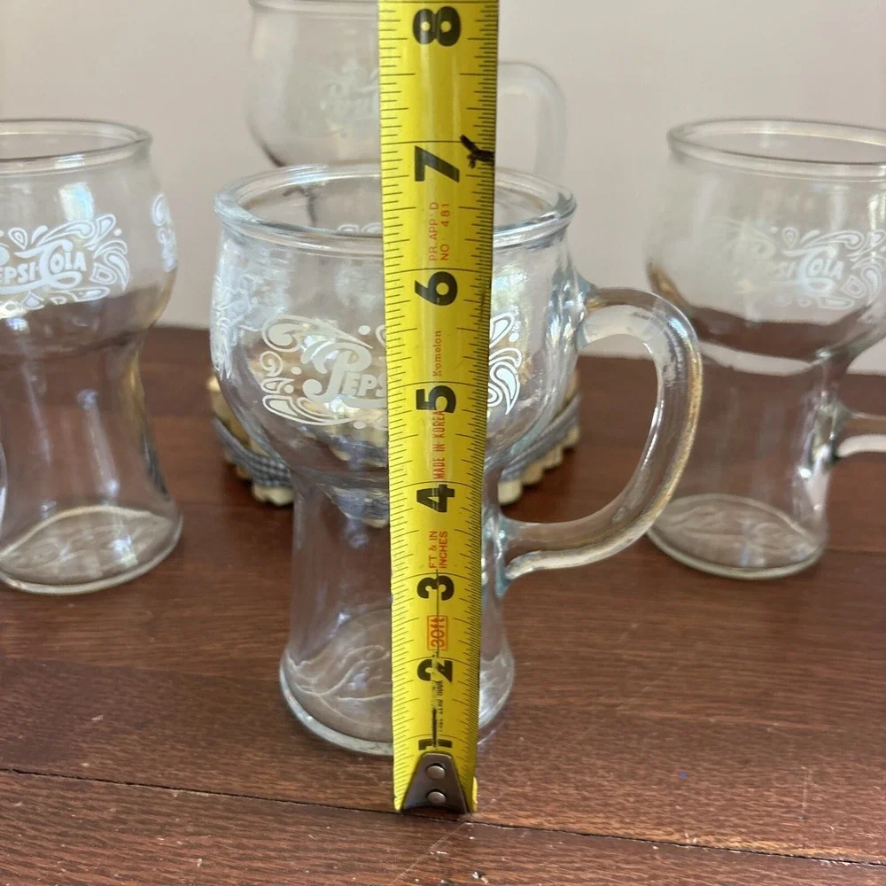 Vintage Set Of 4 Pepsi Cola 16oz Glasses‎ with Handle 1970's White Logo 3 Sided